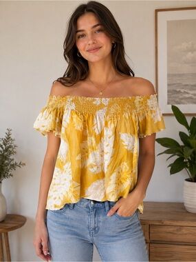 Harve Benard Yellow Floral Off-Shoulder Peasant Style Blouse